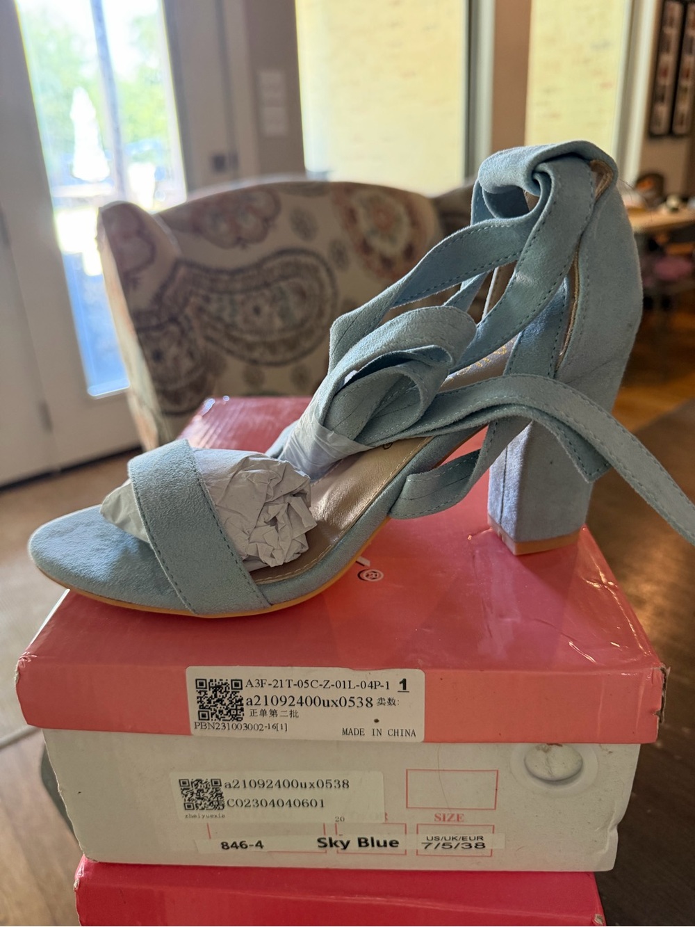 Allegra K Sky Blue Suede Block Heel Sandals for with Wrap Straps size 7